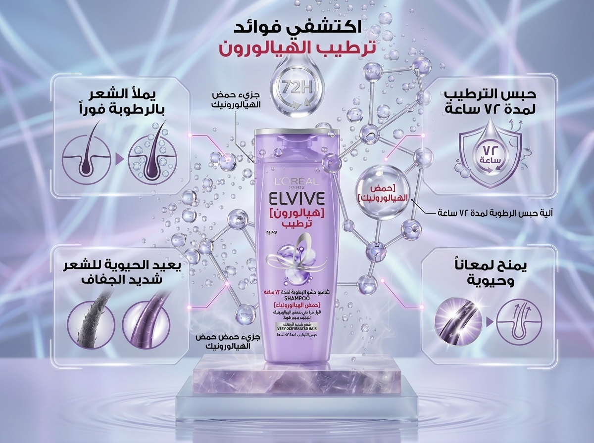 شامبو لوريال إلفيف هيدرا هيالورونيك ( Elvive Hyaluron Moisture 72H Shampoo) 600 ml - الصورة 3