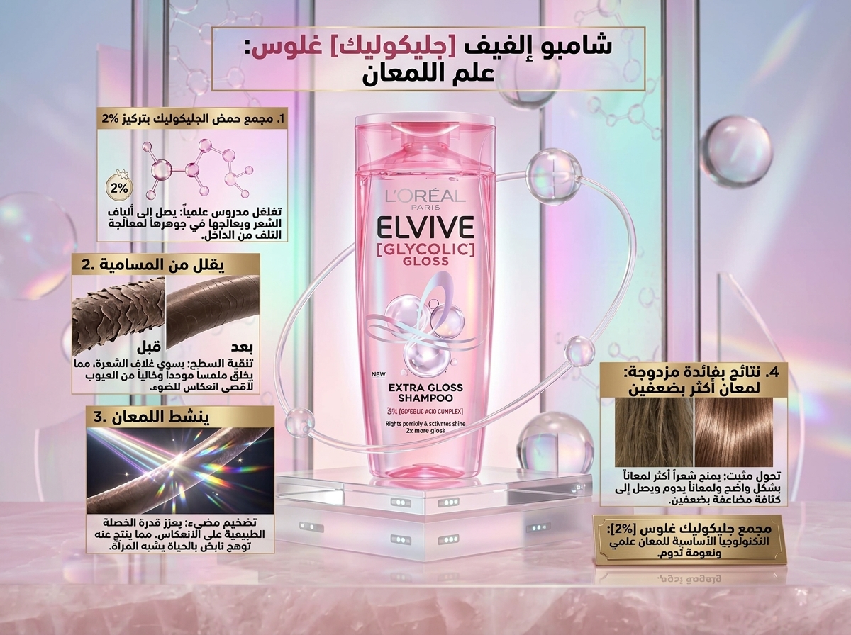 شامبو لوريال إلفيف جليكوليك جلوس ( Elvive Glycolic Gloss Extra Gloss Shampoo)400ml - الصورة 3